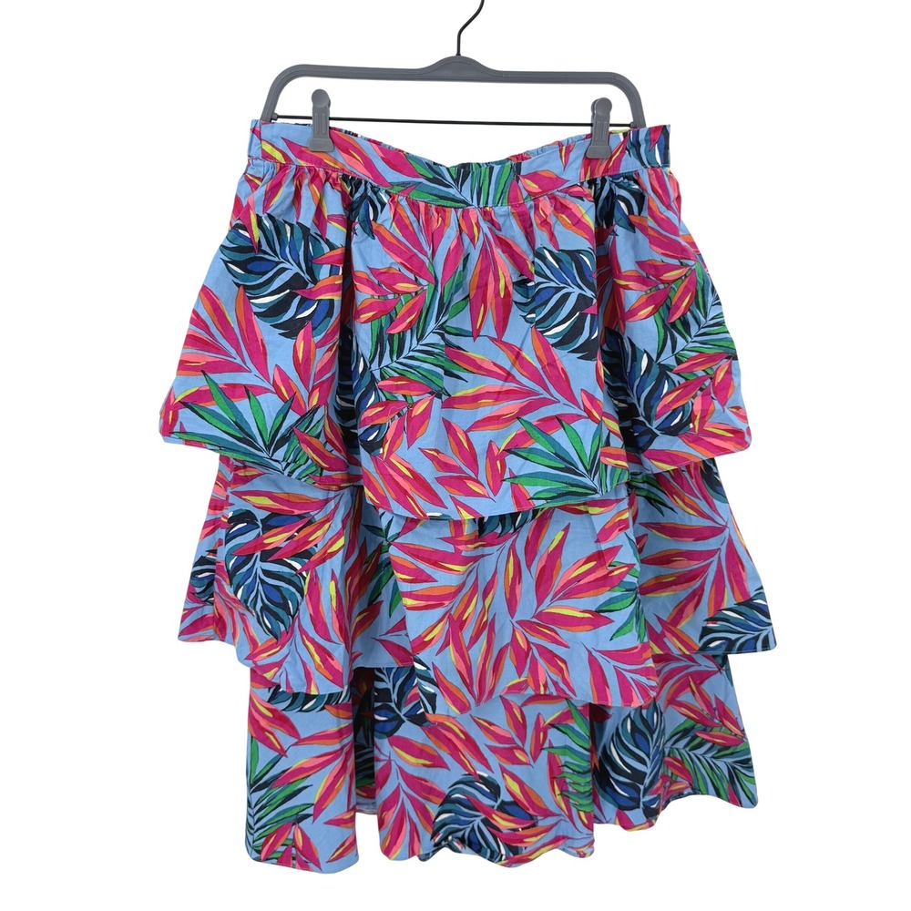 Tabitha Brown Target Tropical Leaf Tiered Midi Skirt Blue Pink Green Cotton L